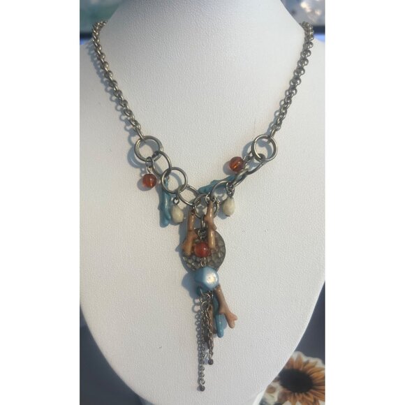 Vintage Robert Rose Necklace Silver Tone Southwestern Acrylic Beads Estate 15" - Picture 1 of 5